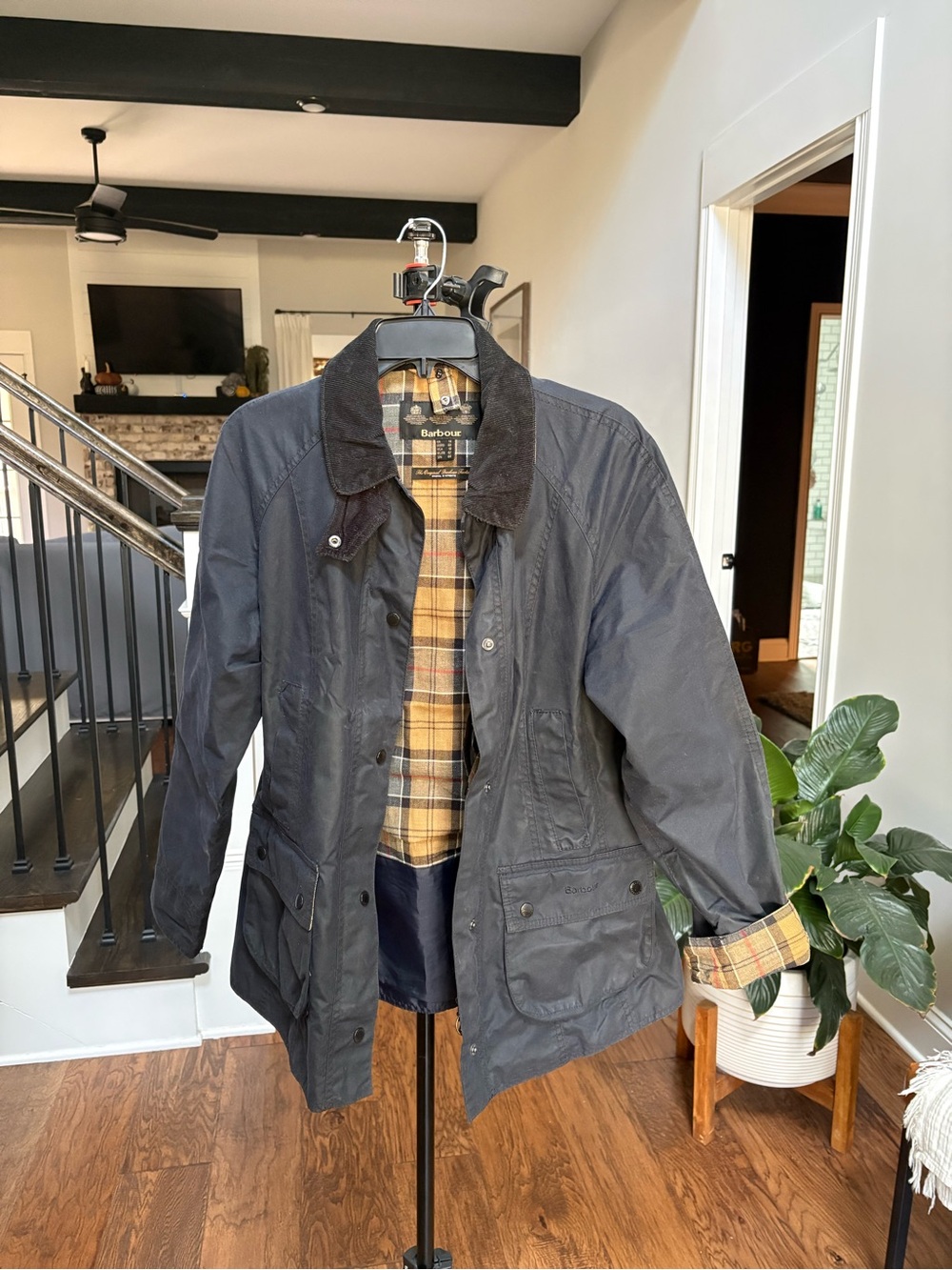 Barbour Women’s Waxed Cotton Jacket in Navy with Plaid Lining